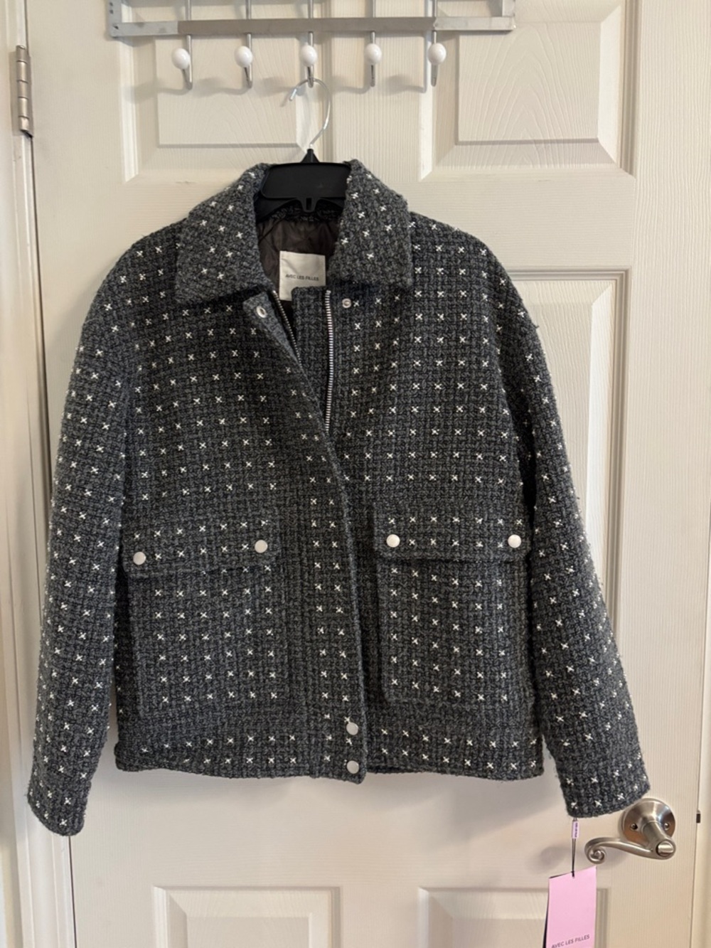 Avec Les Filles Grey Pearl Bead Embellished Tweed Coat Size S